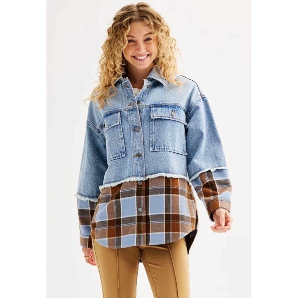 Ranchwear Oversized Denim Plaid Mixed Media Shacket Barn Jacket M Cowgirl Twofer